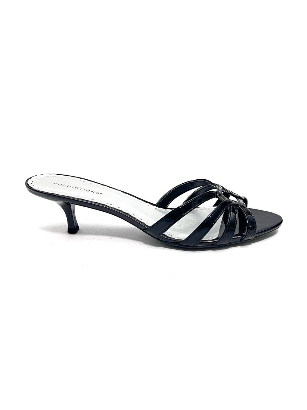 Vintage Y2K deadstock black vegan patent leather strappy slip on kitten heels